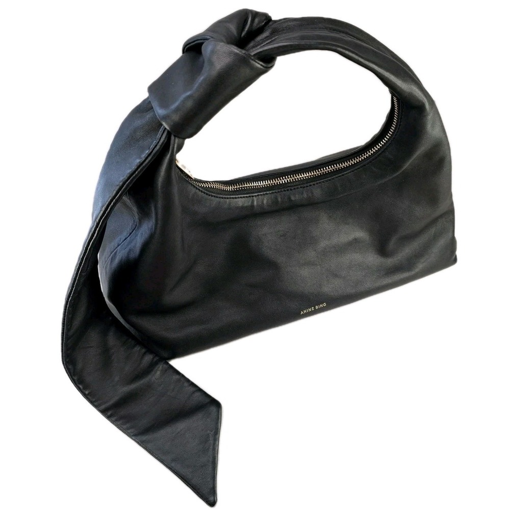 ANINE BING Black Leather Knotted Shoulder Bag Hobo Zipper Interior Pocket